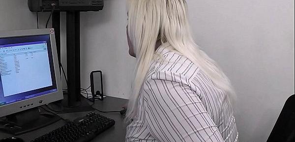  Blonde secretary gives titjob and rides cock